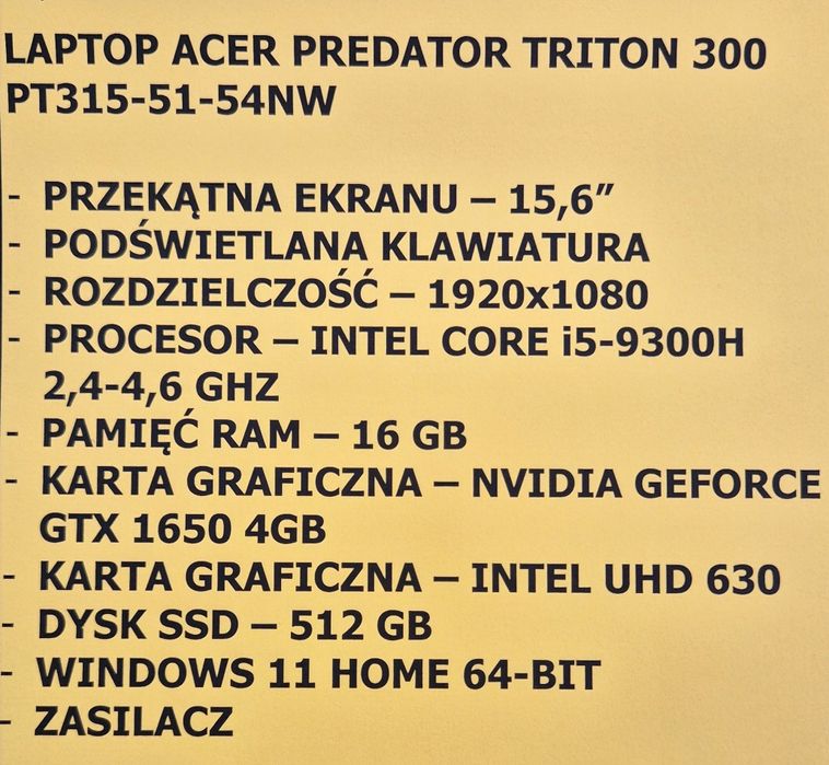 Laptop gamingowy ACER PREDATOR PT315-51, Komis Jasło Czackiego