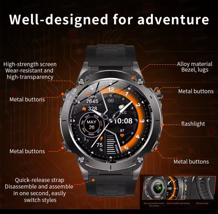 Тактические смарт часы Ultra HD. NFC. 2 канала GPS. Компас, барометр,