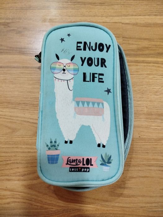 Lollipop turkusowy szkolny dwukomorowy piórnik z lamą