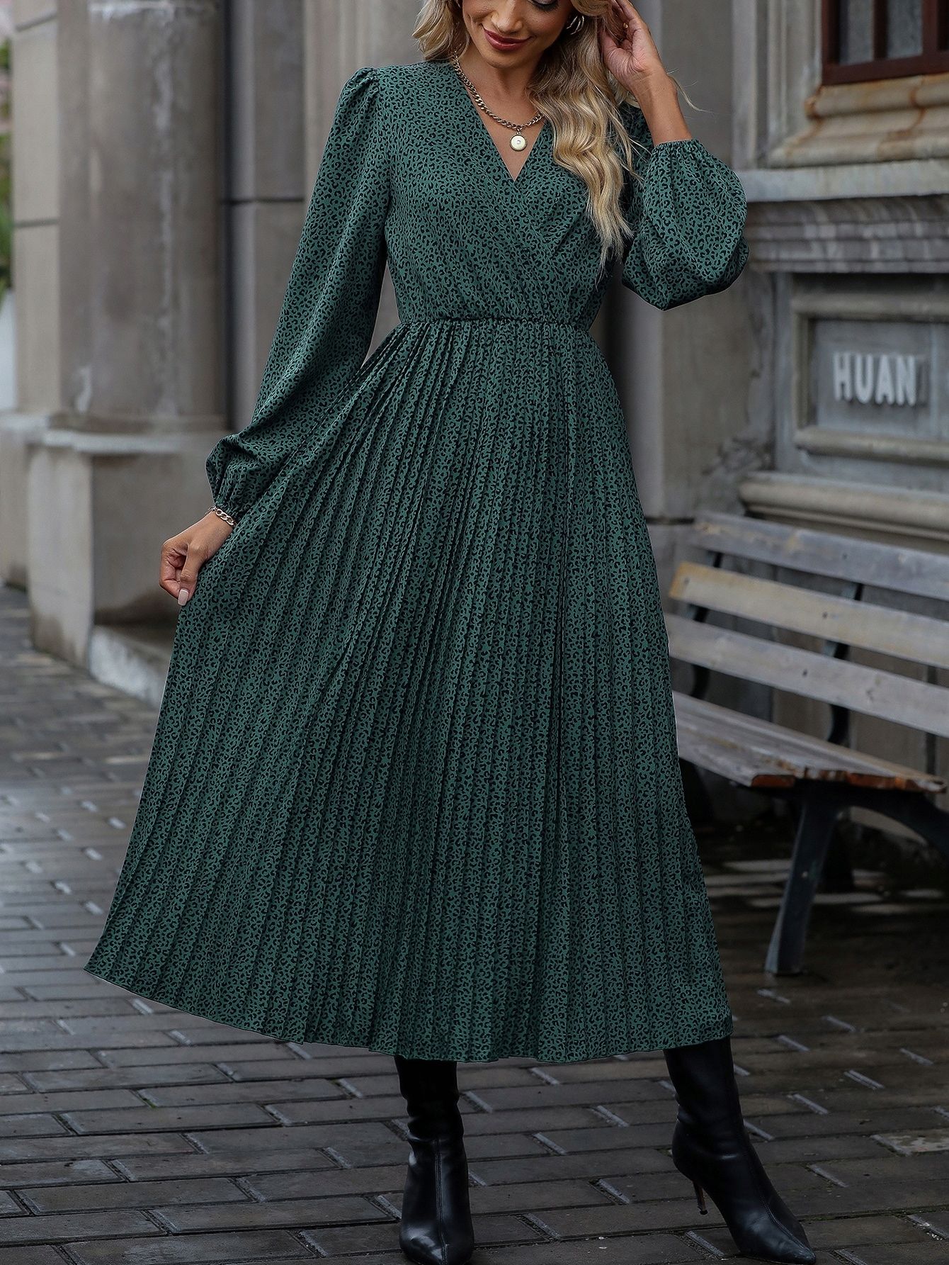 Sukienka Plisowana W Panterkę Maxi Zielona Casual Dekolt V Shein L 40
