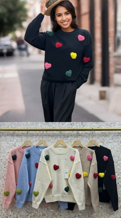 Sweter damski haftowane serduszka wypukłe , nowy, rozmiar uniwersalny