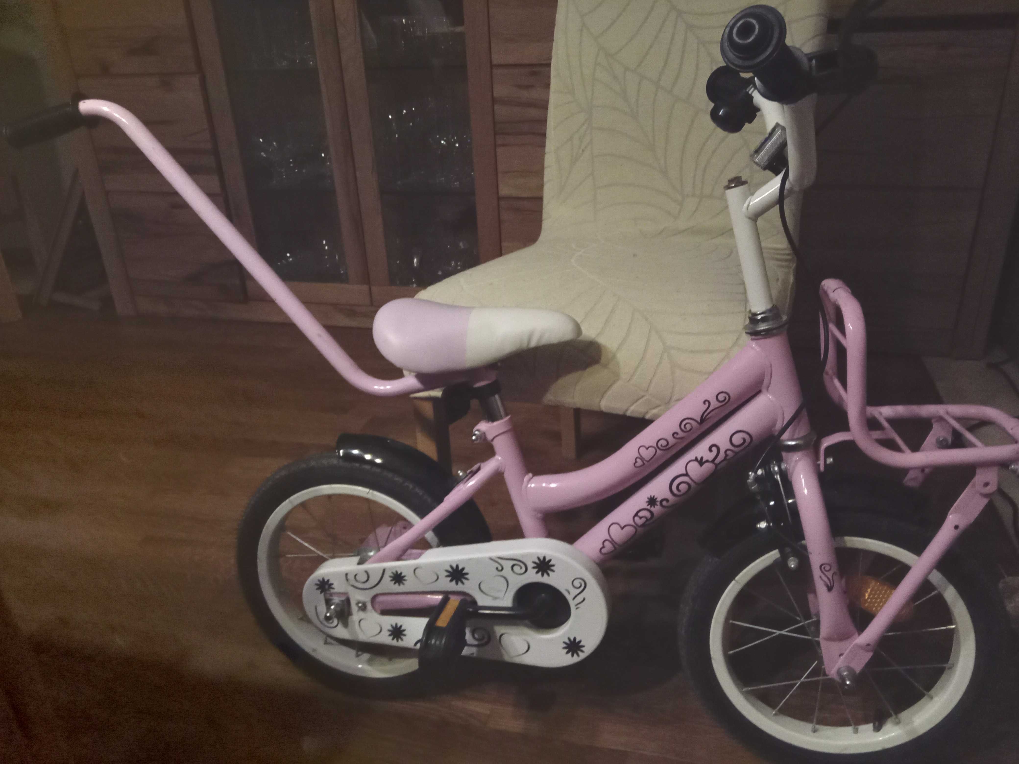 Rower dla dziecka z bagażnikiem vidaXL, 14 cali, biało-różowy