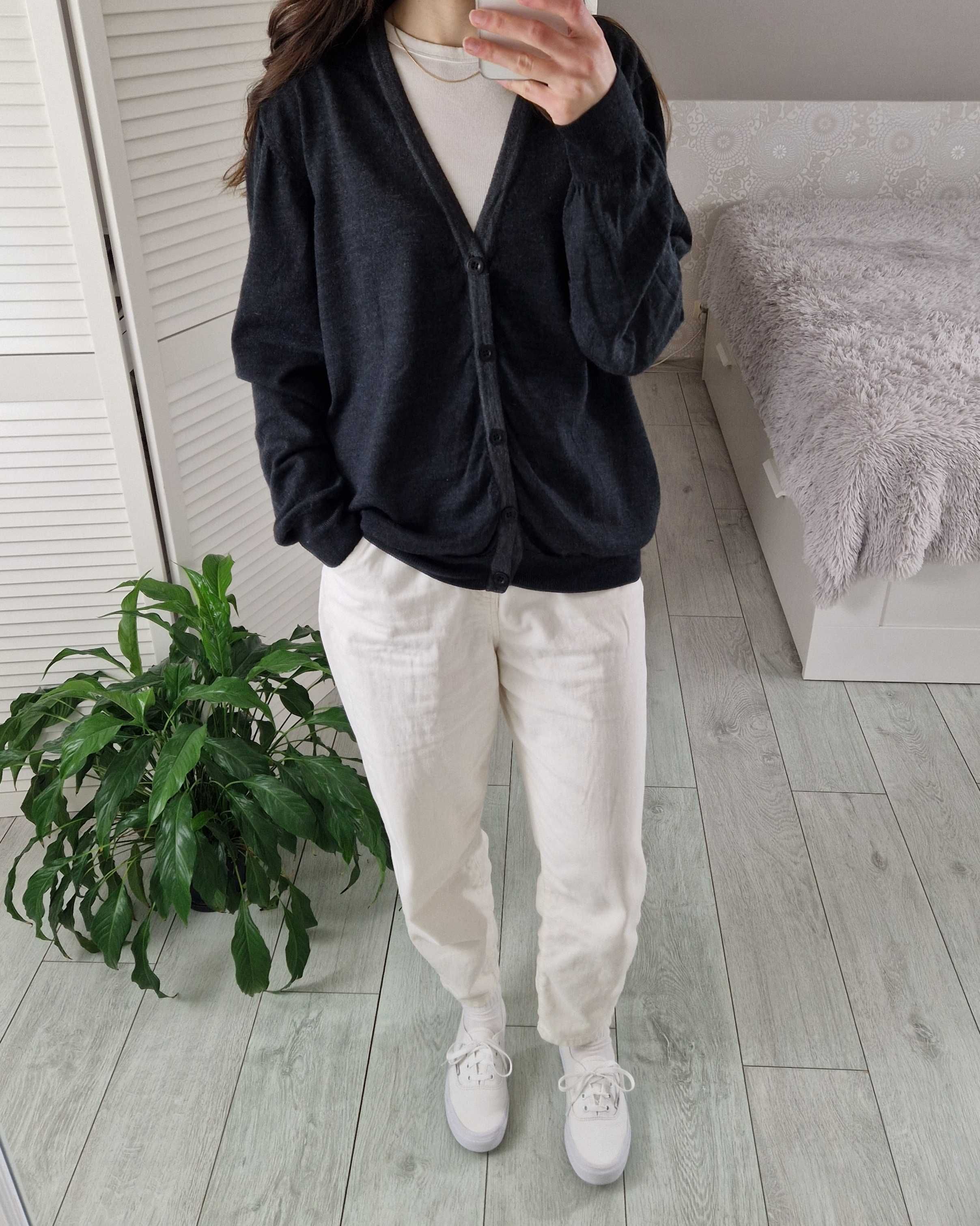 Marks&spencer ciemnoszary wełniany kardigan 100% wełna merino L
