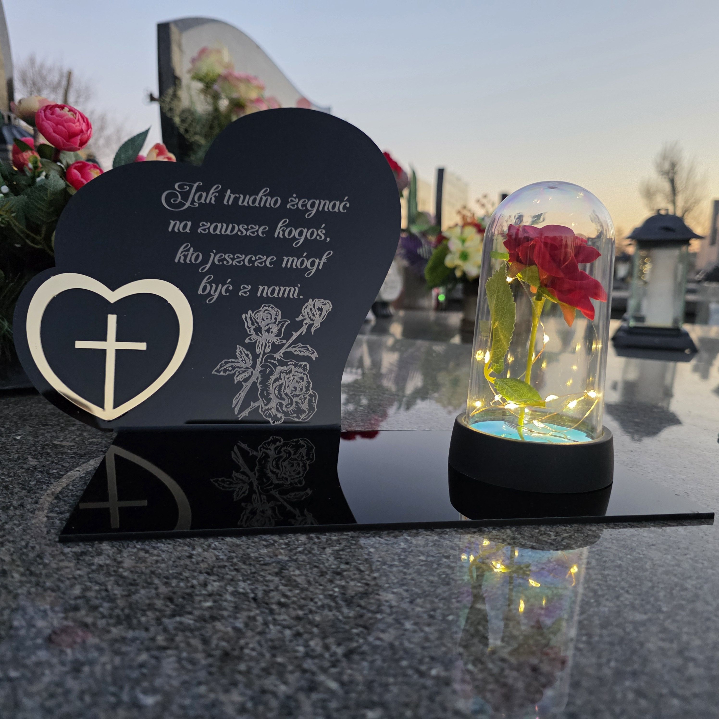 Dekoracja na grób znicz podstawka na cmentarz lampka led wieczna róża