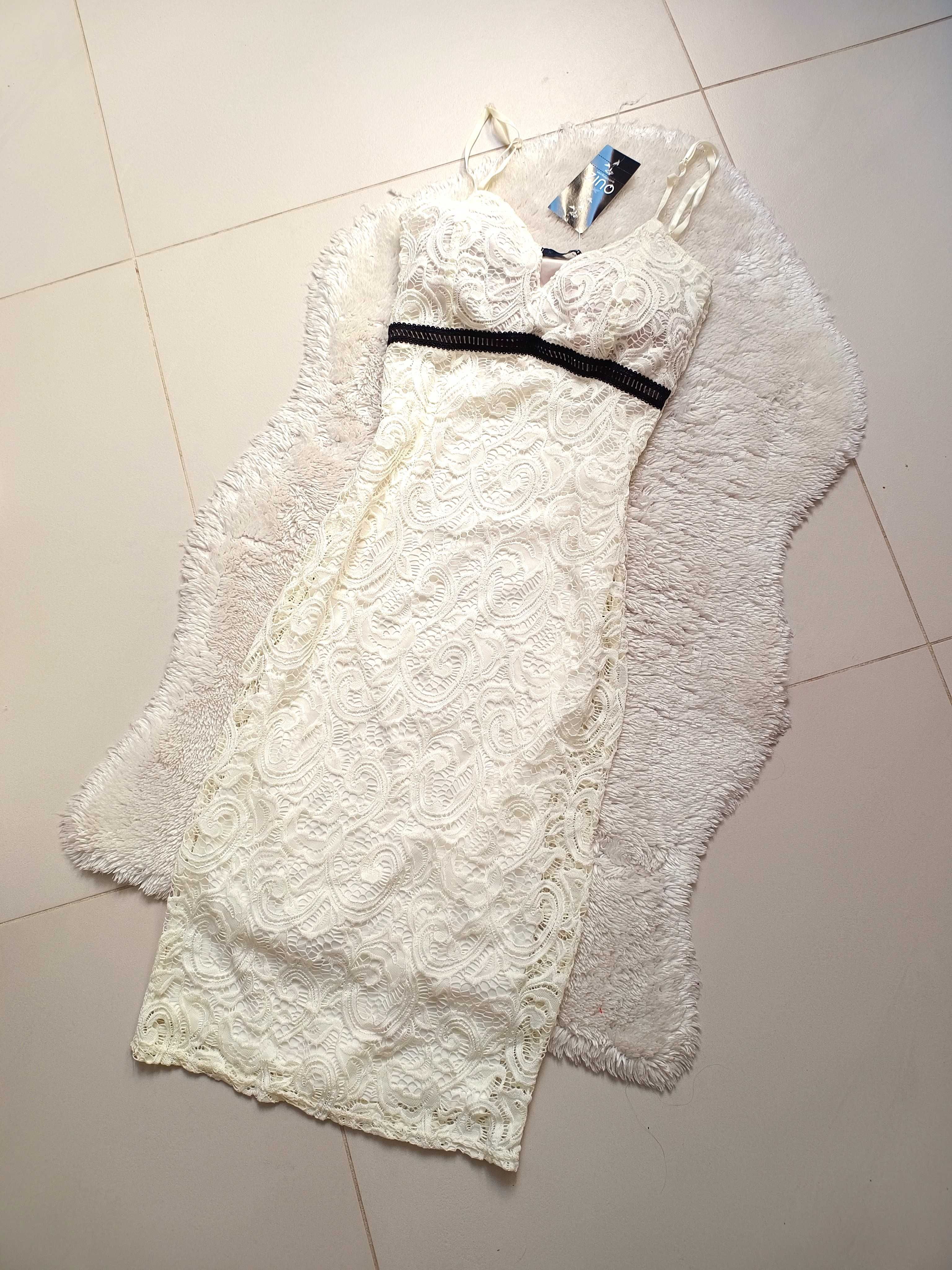 Nowa wieczorowa Sukienka ecru koronkowa mini XS/S 18-stka wesele