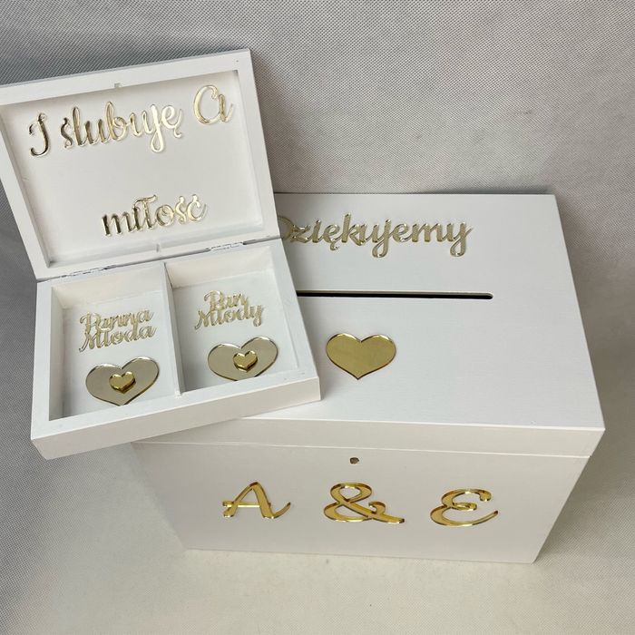 Zestaw pudełko na koperty i obrączki z dodatkiem złotej pleksi