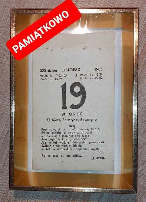 Kartka z kalendarza 1985, urodziny, prezent na 40-lat, 40-lecie