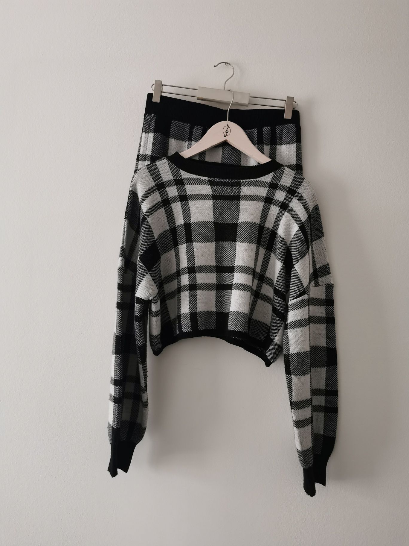 Dzianinowy komplet sweter spódnica kratka M L knitted plaid set skirt