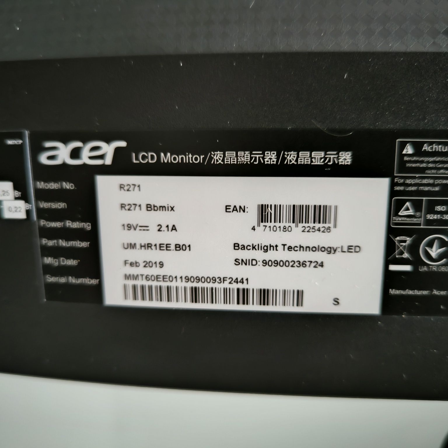 Monitor Acer LCD R271 Bbmix 27 cali