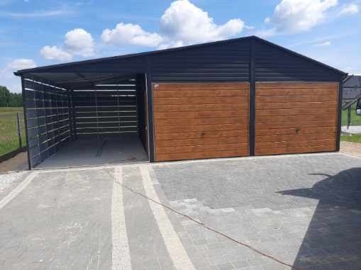 Garaż blaszany dwustanowiskowy 6x5m grafit - Dach dwuspadowy, Brama uc