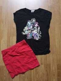 Zestaw koszulka Monster High czarna spodnica czerwona elastyczna 140
