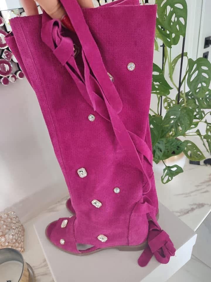 Eleganckie kozaki na koturnie letnie naturalna skóra