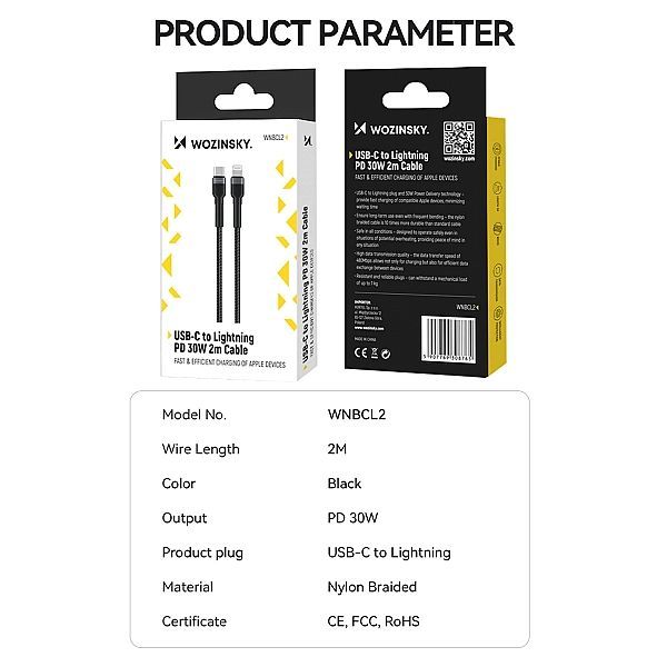Kabel Wozinsky Wnbcl2 Lightning / Usb-c Pd 30w 2 m - czarny