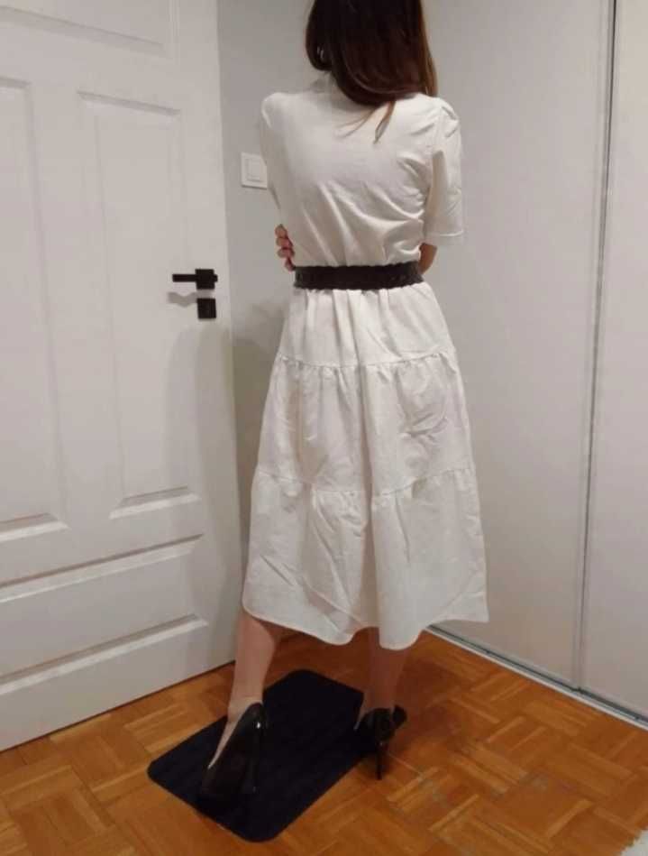 Biała długa maxi MIDI sukienka koszulowa falbany guziki  M