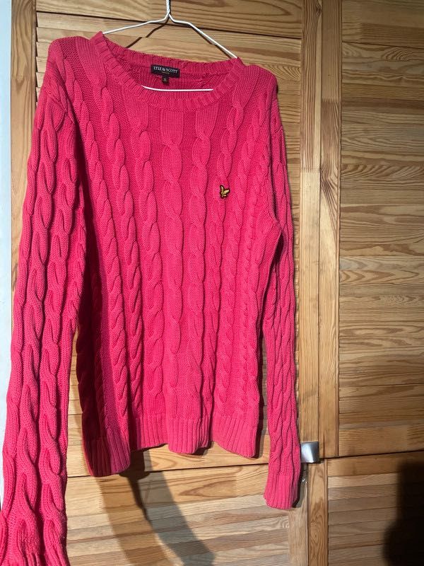 Sweter lyle&scott vintage xl warkoczykowy splot różowy bawełna