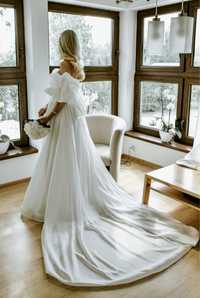 Suknia Ślubna z rozcięciem , bufiaste rękawki