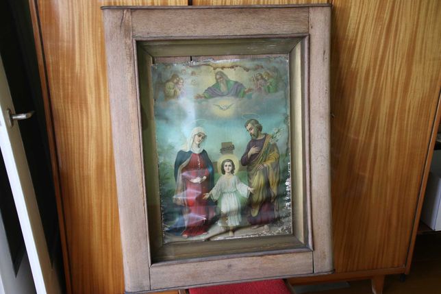 100 letni stary obraz religijny Święta Rodzina Pan Jezus Matka Boska