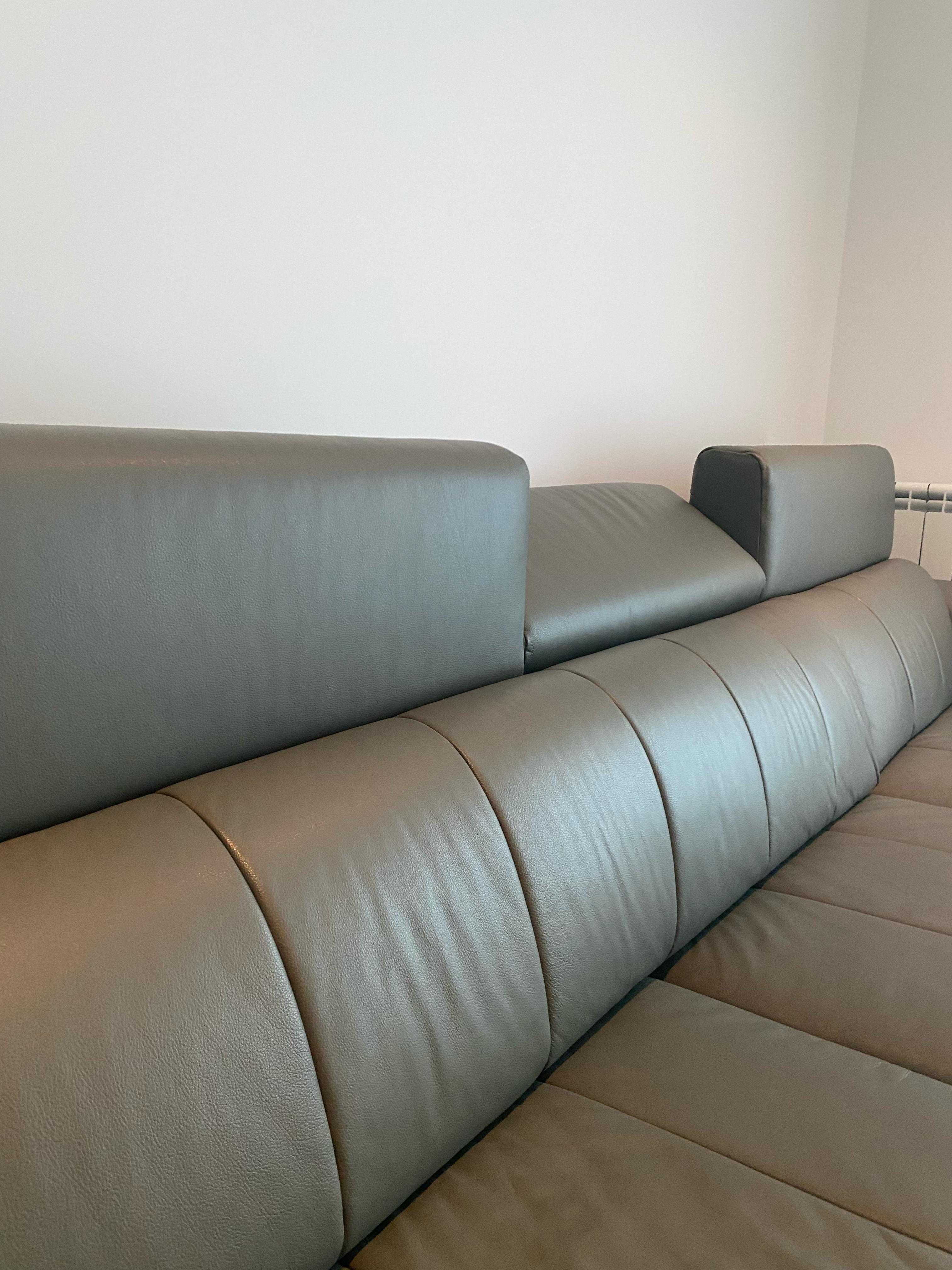Sofá de Pele Cinza - NOVO - 3 Lugares com Chaise Longue