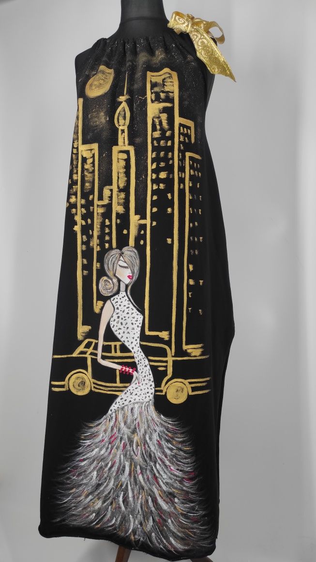Ręcznie malowana maxi sukienka bawełna oversize