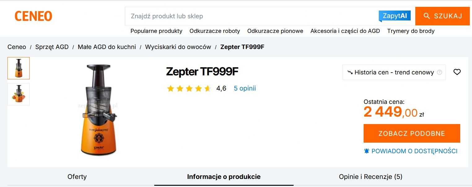 Wyciskarka wolnoobrotowa Zepter TF999 Smart System jak NOWA ! Komplet