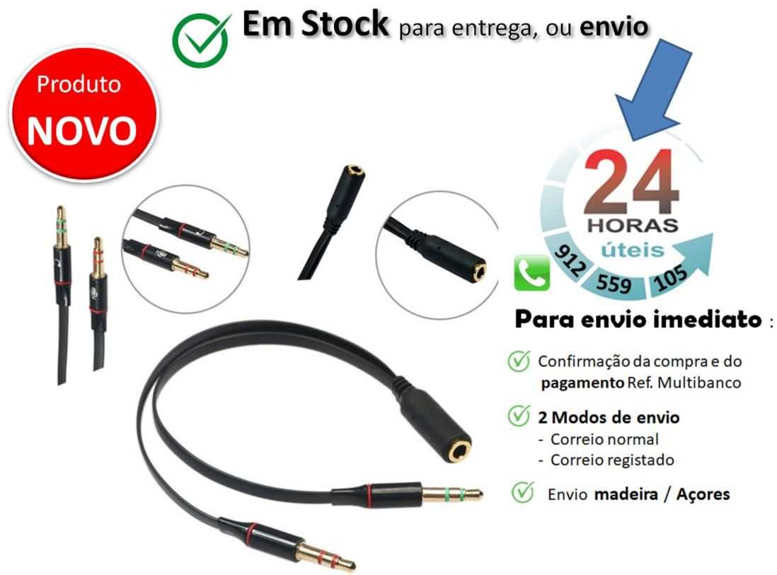 2 Opções - Cabo audio Jack 3,5mm Macho para 2x Femea Stereo (15cm)