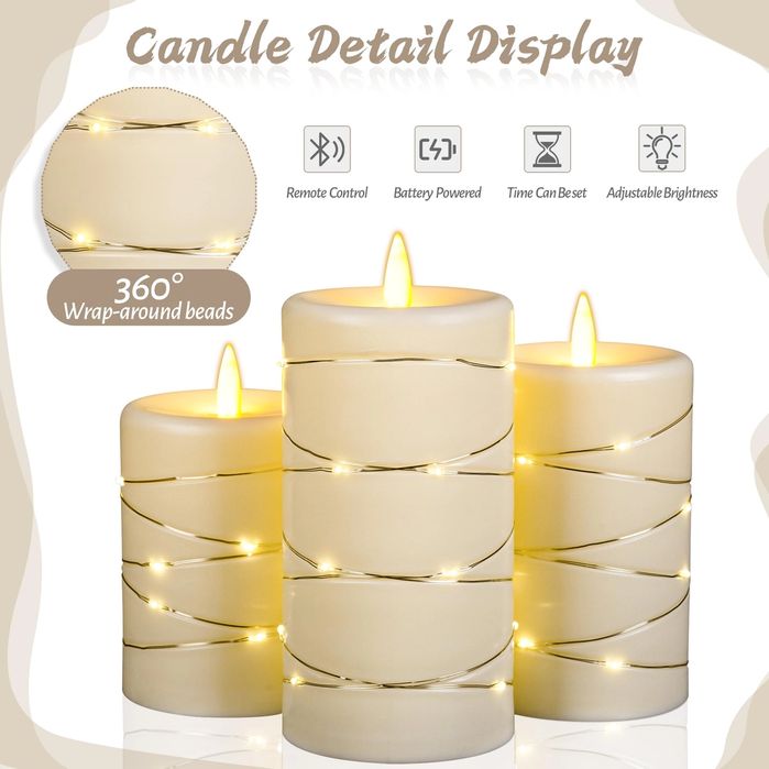 Świeca bezpłomieniowa Da by Flameless Candle z lampką wróżkową, 3 szt.