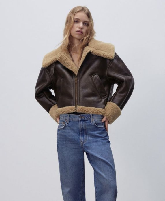 Дублянка зара коричнева zara нова з бежевим воротом дублёнка куртка