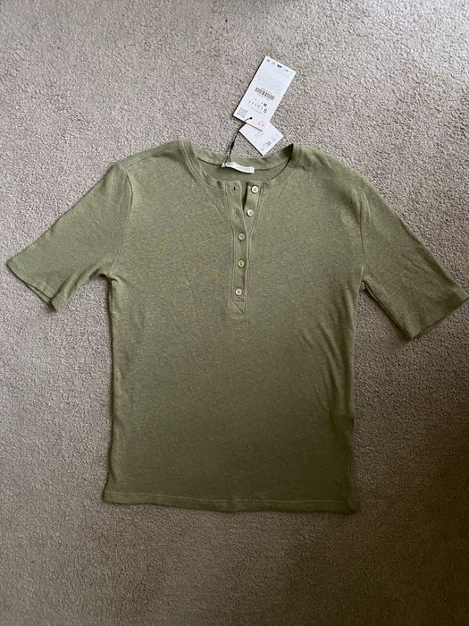 Лляне поло на гудзики, льняне поло жіноче, оливкова футболка Zara льон