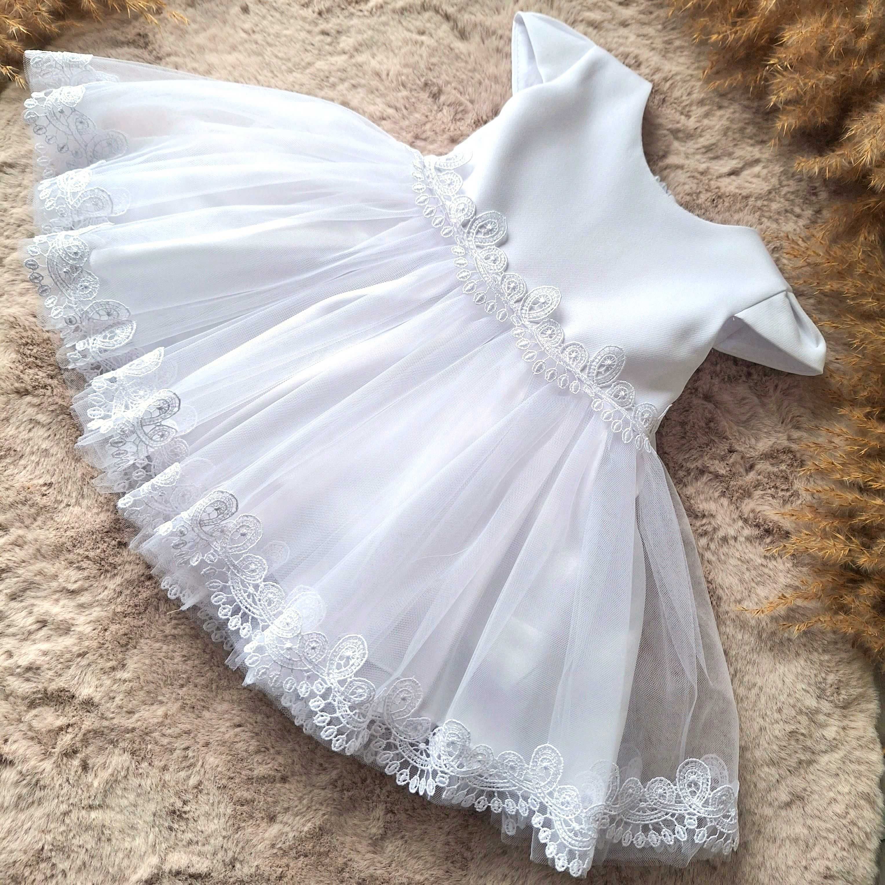 Sukienka tiulowa dla dziewczynki chrzest wesele koronkowy pasek biała