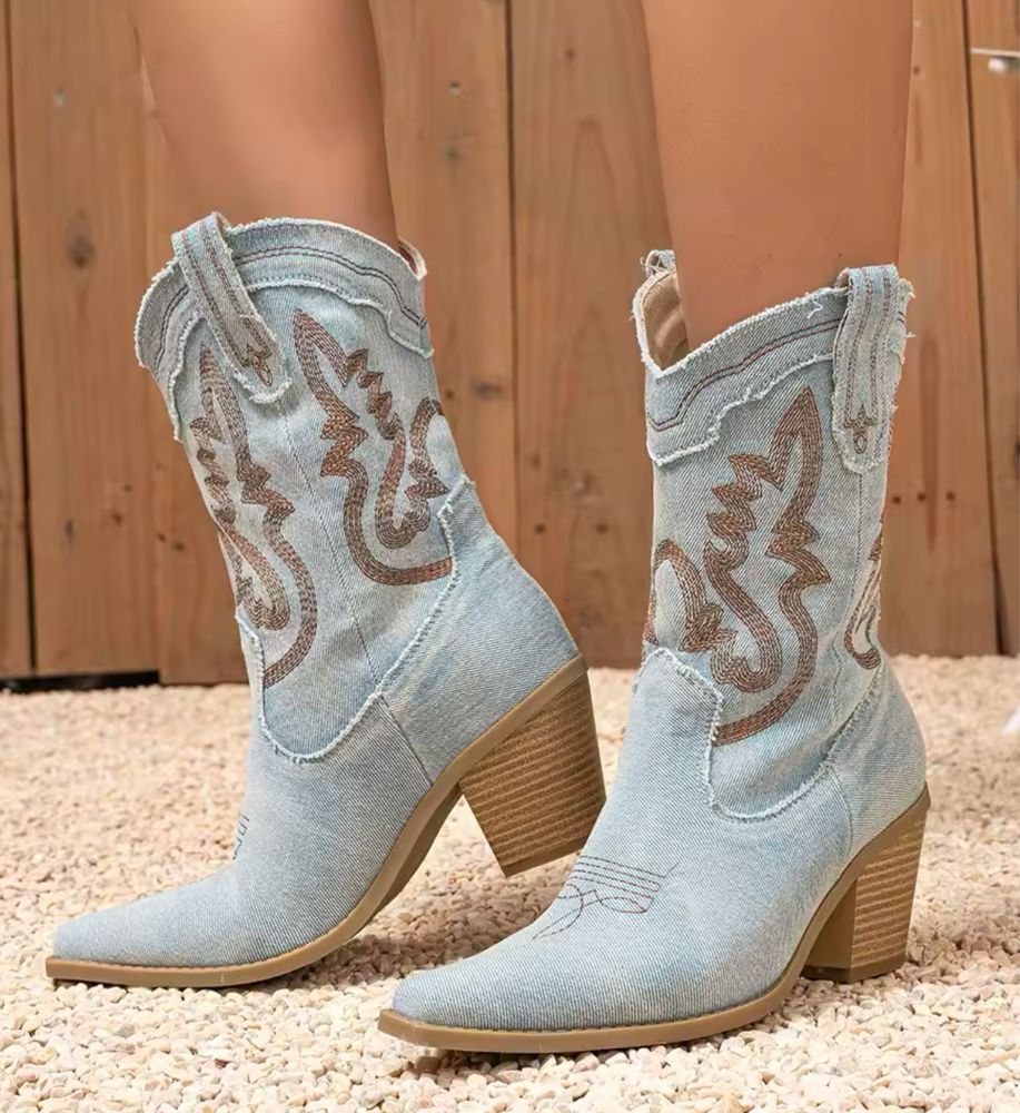 Kowbojki damskie kozaczki modne niebieskie botki jeans