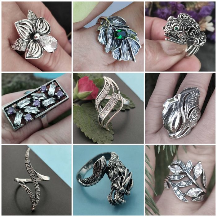 Нові срібні каблучки, 72 дизайни, різні розміри