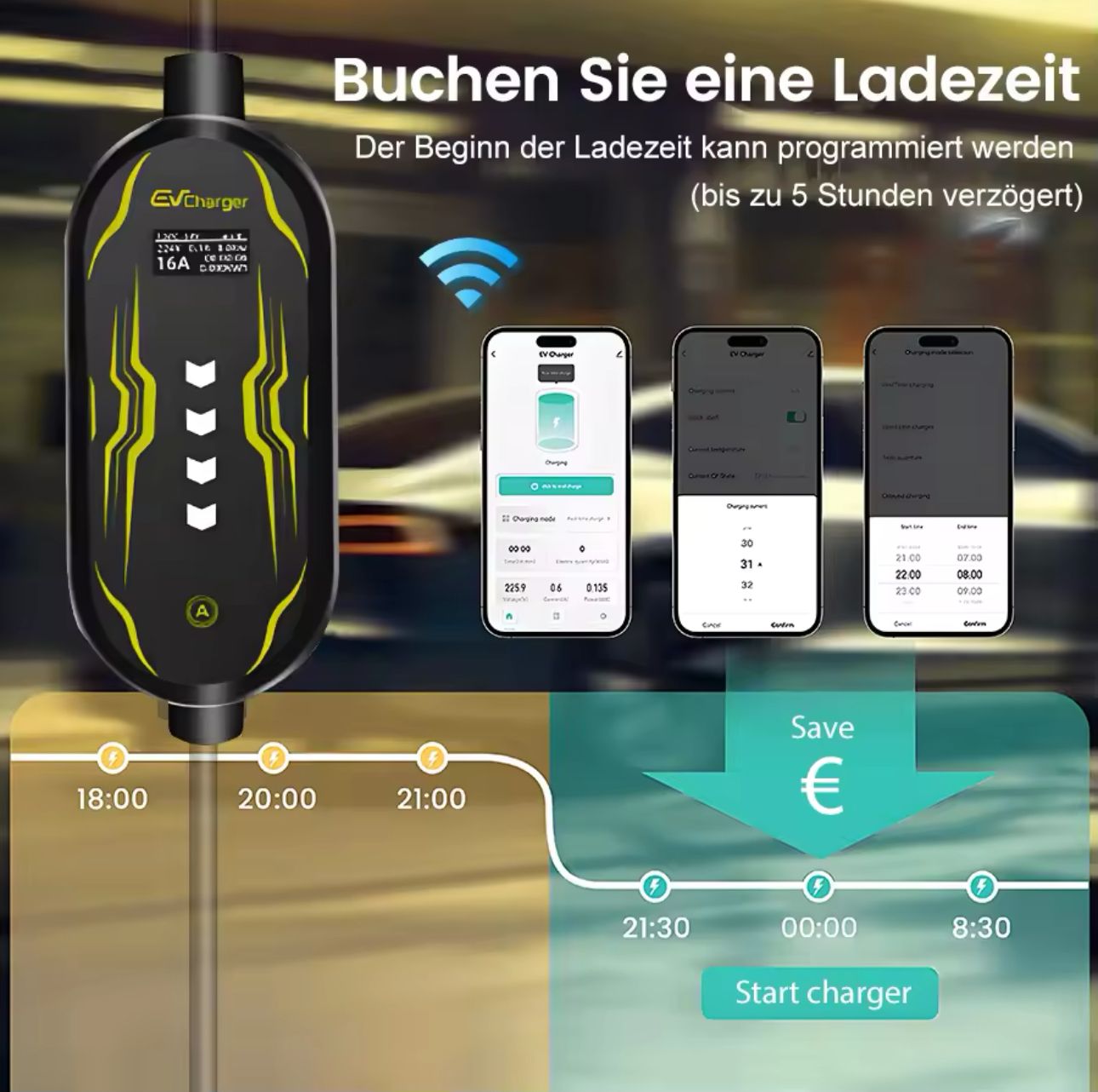 Carregador Portátil 3,5 kw - 16A - C/ APP - Veiculos Eletricos