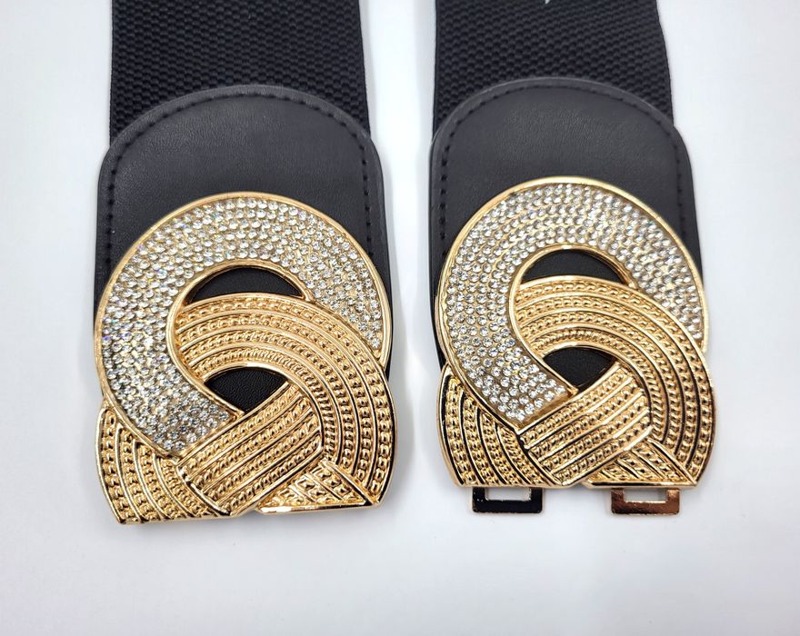 Pasek damski ELASTYCZNY guma czarna złota ósemka z cyrkoniami