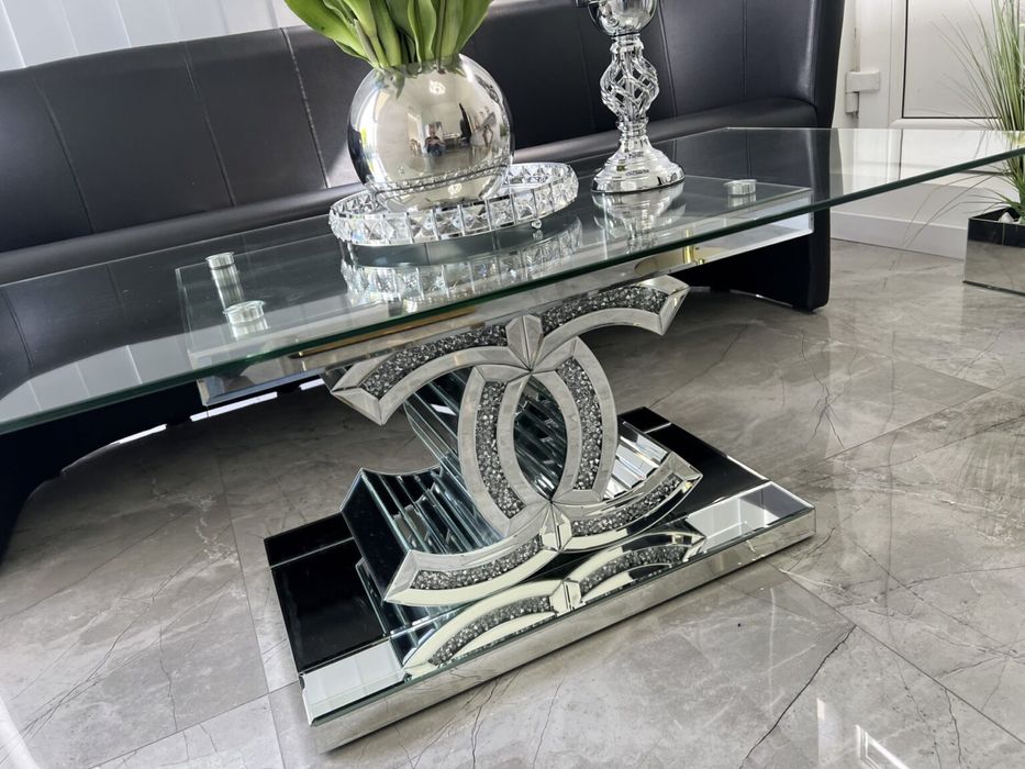 Nowoczesny lustrzany stolik kawowy z kryształkami glamour cc chanel ła