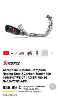 Escape akrapovic mt07, tracer 7, tracer 700