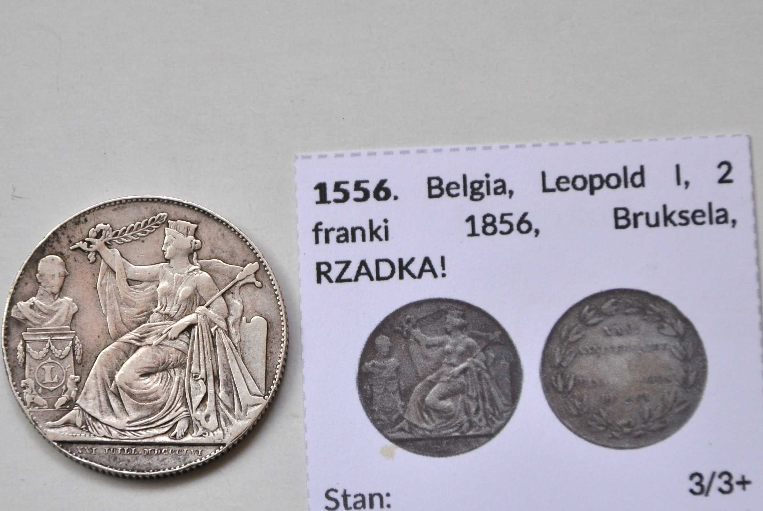 Belgia, Leopold I, 2 franki 1856, Bruksela,Nakład tylko 1 898 sztuk
