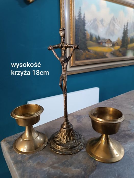 Krzyż mosiężny stary krzyż + świeczniki mosiądz antyk vintage