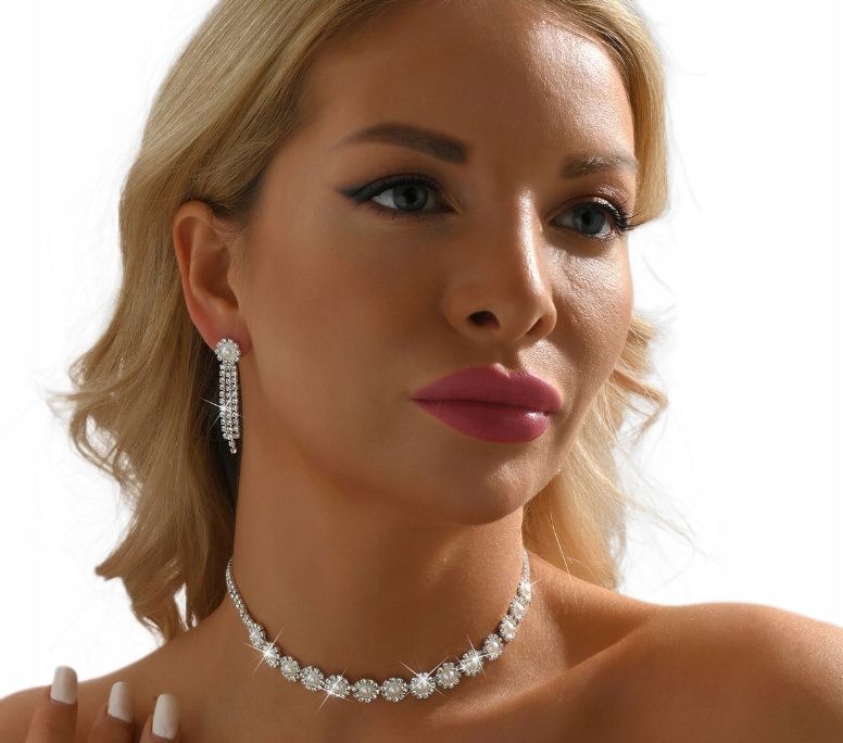 Komplet Srebrnej Biżuterii Kolczyki Naszyjnik Ślubny Cyrkonie B2