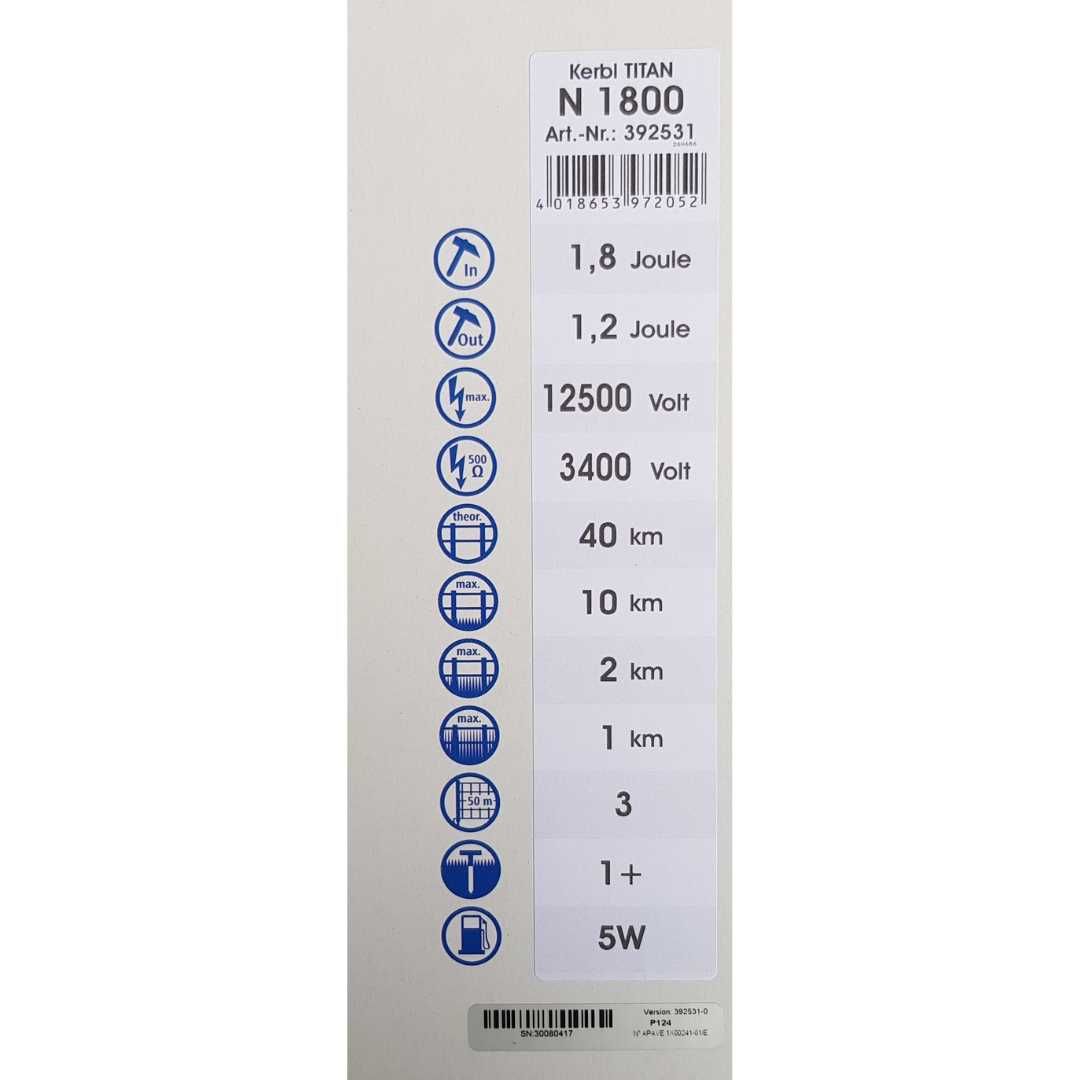 Elektryzator sieciowy TITAN N 1800 dla koni, bydła 1,8 J, Kerbl