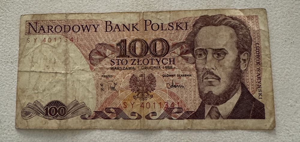 Stary banknot 100 zlotych polskich r. 1988