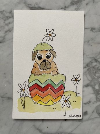 Kartka okolicznosciowa jajko wielkanoc pies mops pug handmade akwarele