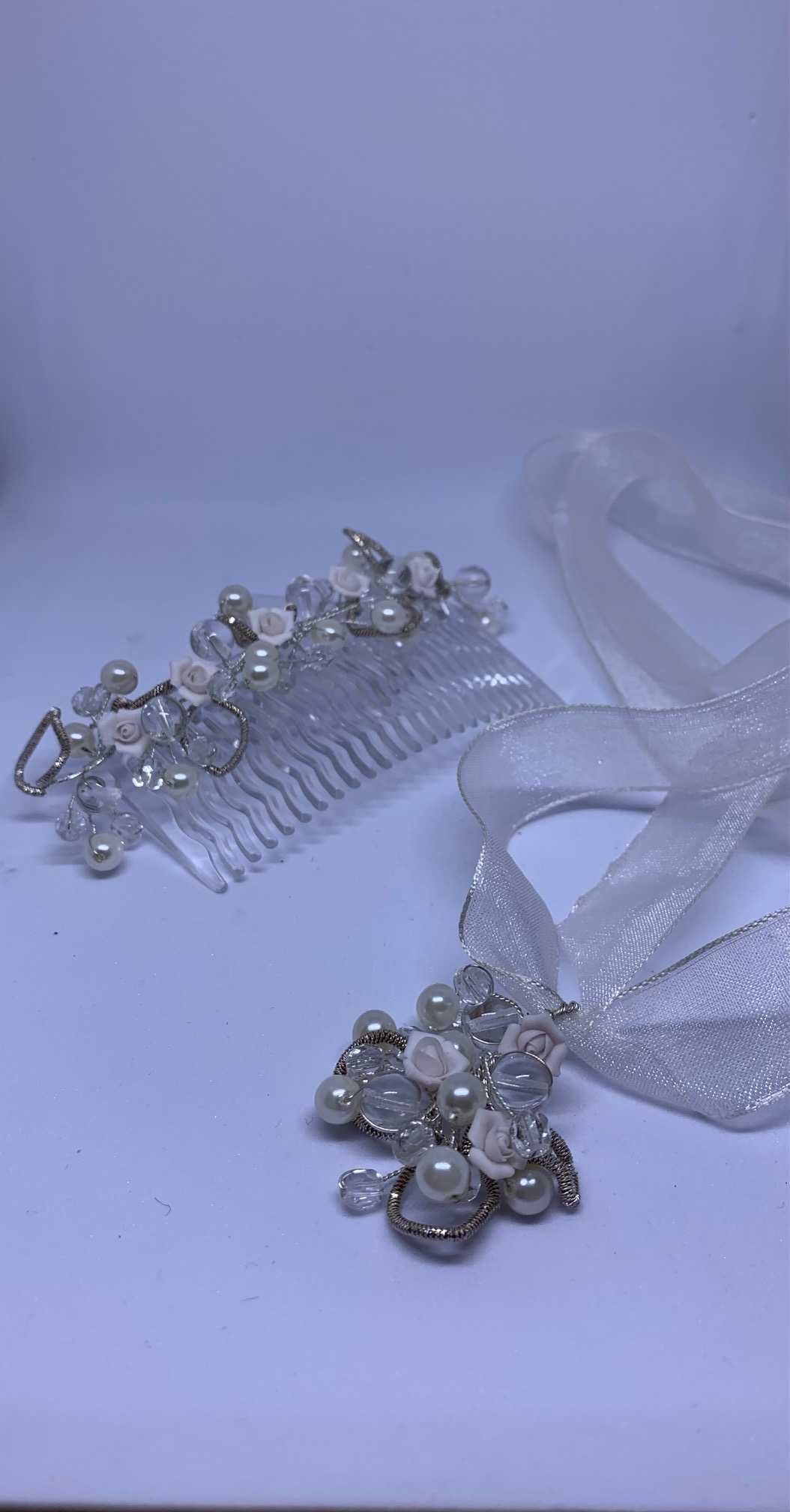 komplet ślubny handmade grzebyk choker róże perły kryształy urok