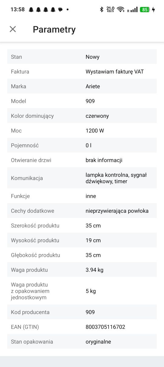 PIEC DO PIZZY ARIETE 909 kamień 400°C +