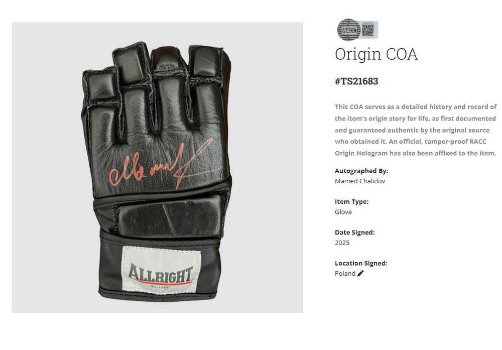Mamed Khalidov KSW UFC MMA rękawica z autografem + certyfikat autenty.