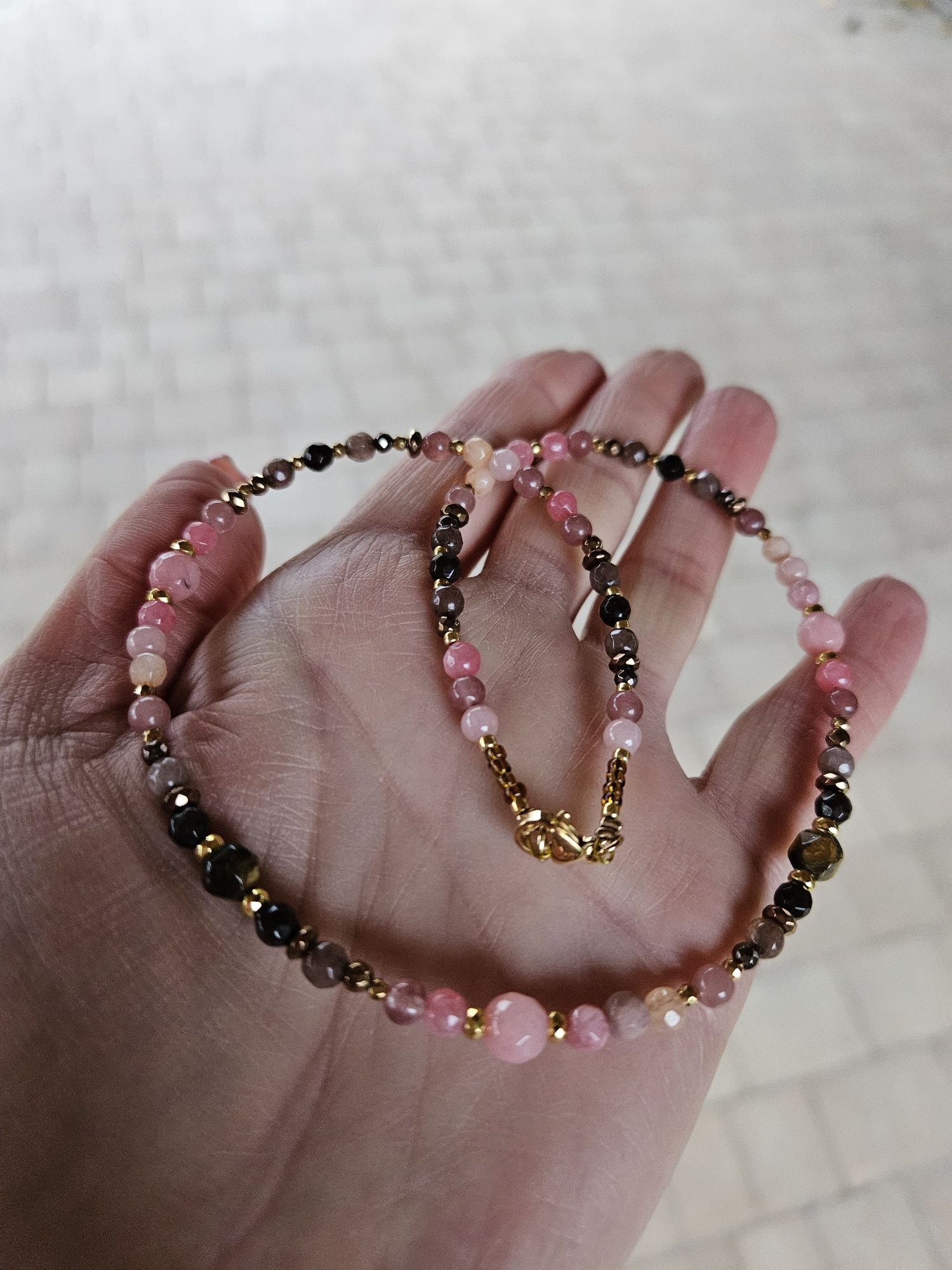 Naszyjnik Choker kamienie Tygrysie oko Rodonit Agat Jadeit Hematyt