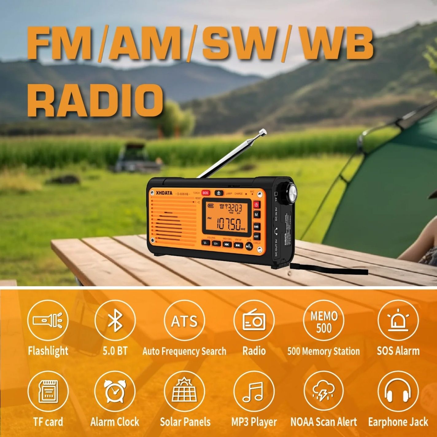 Xhdata D-608WB радиоприемник,fm,mw,sw, Bluetooth,18650, фонарь,ген-тор