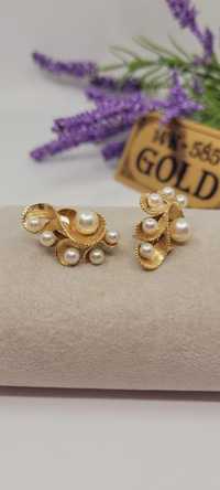 Złote kolczyki z perłami szlachetnymi Złoto  próba 585 14 k