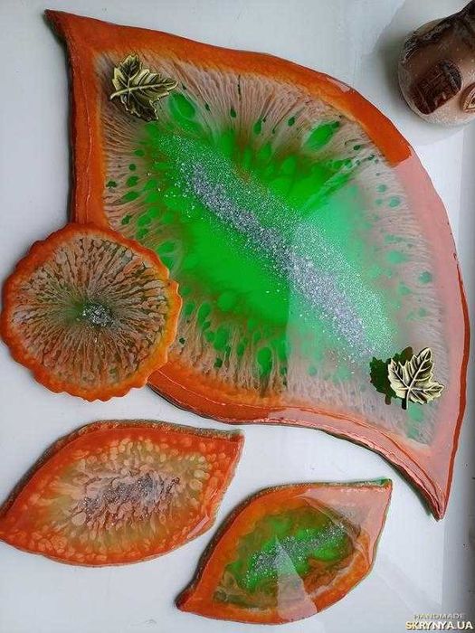 Таця. Поднос. Набір підстаканників ′Цитрус′ з епоксидної смоли.