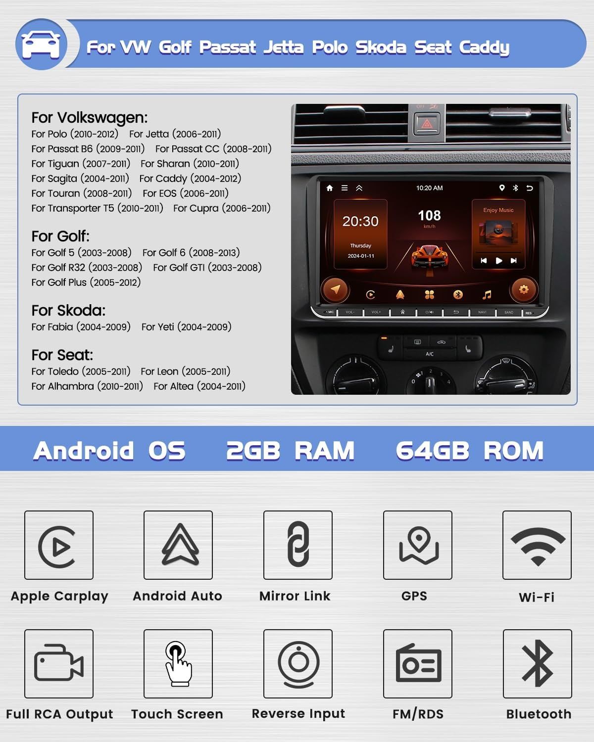 Hikity radio Android 13 2G 32G VW Golf 5 6 Tiguan Skoda Passat 7" GPS