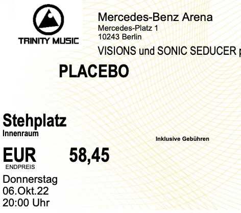 Квиток на концерт Placebo 06.10.22 Берлін